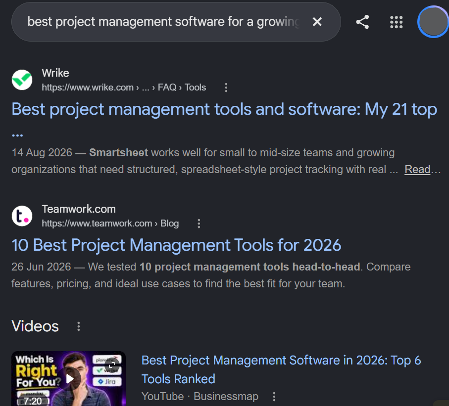 Google Search results for project management software